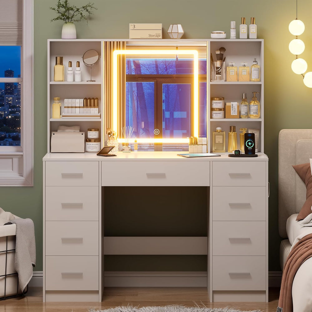 Vanity Desk with Mirror and Lights, Makeup Vanity Desk with 9 Drawers & 6...