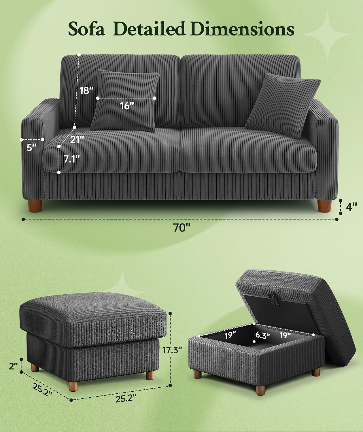 Welzona 70.2" Couches for Living Room, Comfy L Shaped Couch Grey 7.1" Thicker Cushion, Sofas for Living Room Tool-Free Setup, Loveseat with Ottoman 705lbs Support, Corduroy Couch for Bedroom, Office