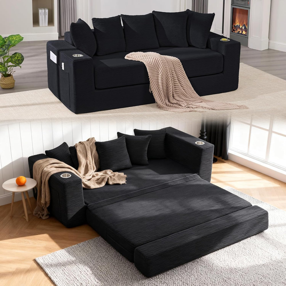 76" Convertible Sofa Bed, Corduroy Couch with Cup Holders & Pocket |...