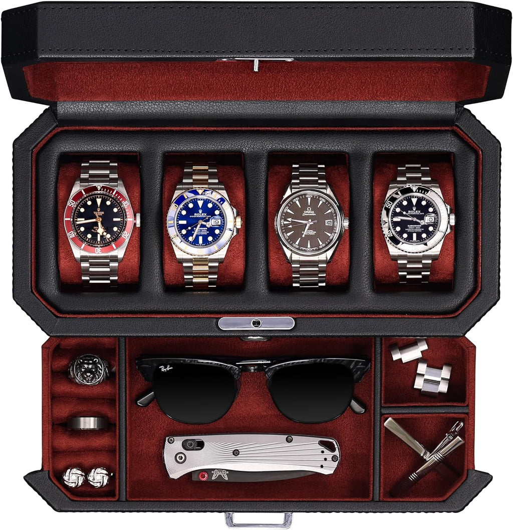 ROTHWELL 4 Slot Leather Watch Box with Valet Drawer - Luxury Case Display Jewelry Organizer, Locking Display Case Holder with Real Glass Top - Watch Box Organizer for Men & Women (Red)