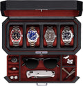 ROTHWELL 4 Slot Leather Watch Box with Valet Drawer - Luxury Case Display Jewelry Organizer, Locking Display Case Holder with Real Glass Top - Watch Box Organizer for Men & Women (Red)