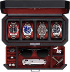 ROTHWELL 4 Slot Leather Watch Box with Valet Drawer - Luxury Case Display Jewelry Organizer, Locking Display Case Holder with Real Glass Top - Watch Box Organizer for Men & Women (Red)