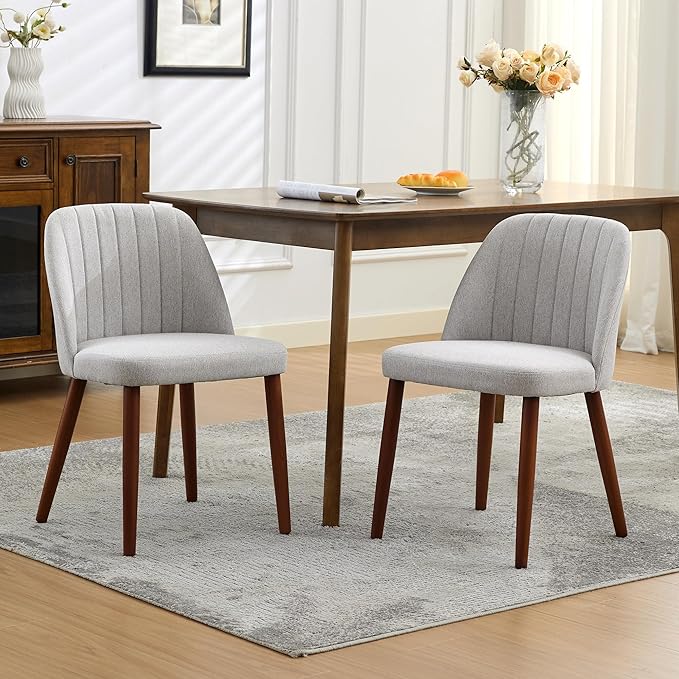 Wooden Dining Chairs Set of 2, Upholstered Kitchen Dining Room Chairs with Padded Seat and Wood Legs, Modern Fabric Side Dinner Chair for Kitchen, Dining Room, Restaurant, Cafe, Grey