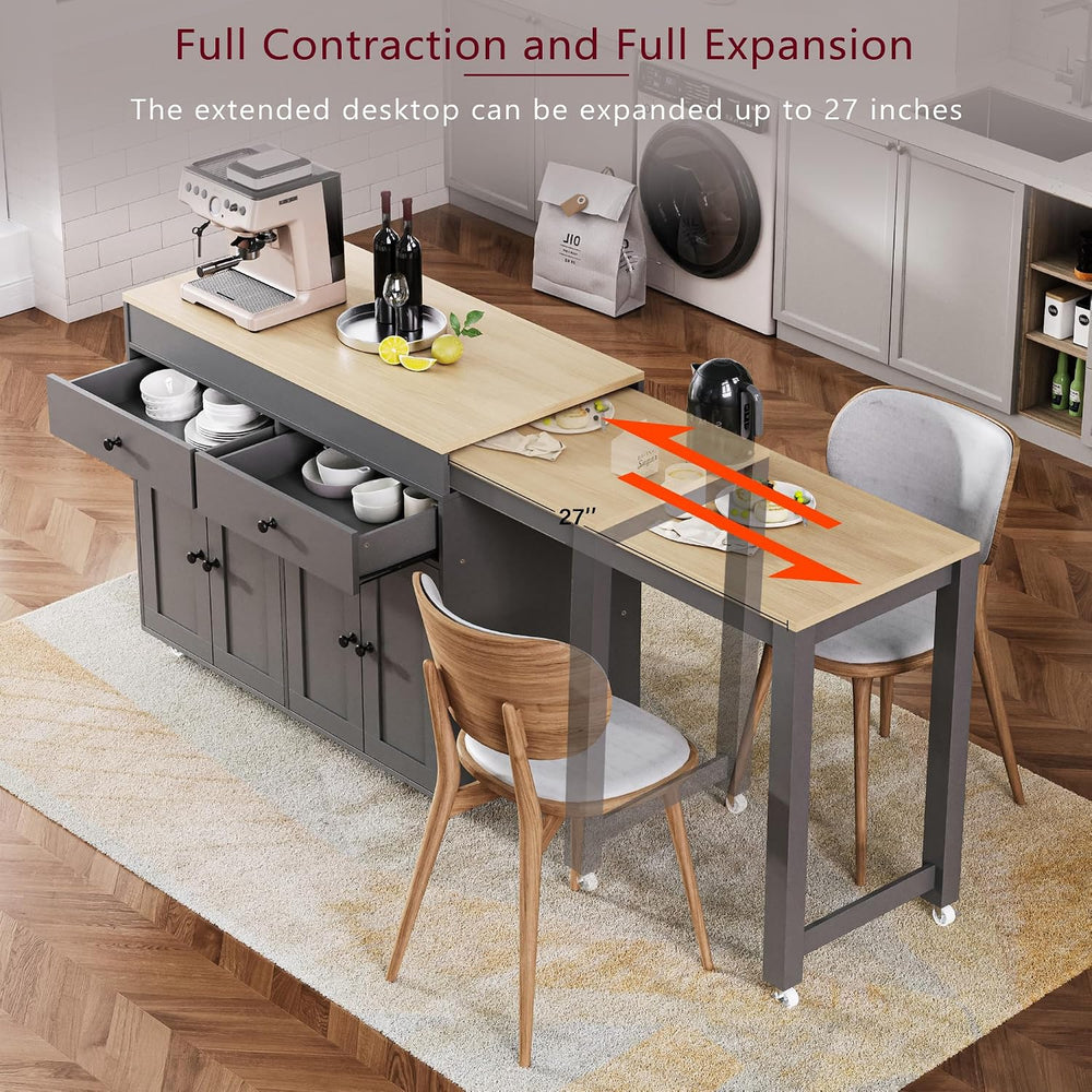 Merax 74.5" Kitchen Island with Extendable Dining Table, Rolling Kitchen...