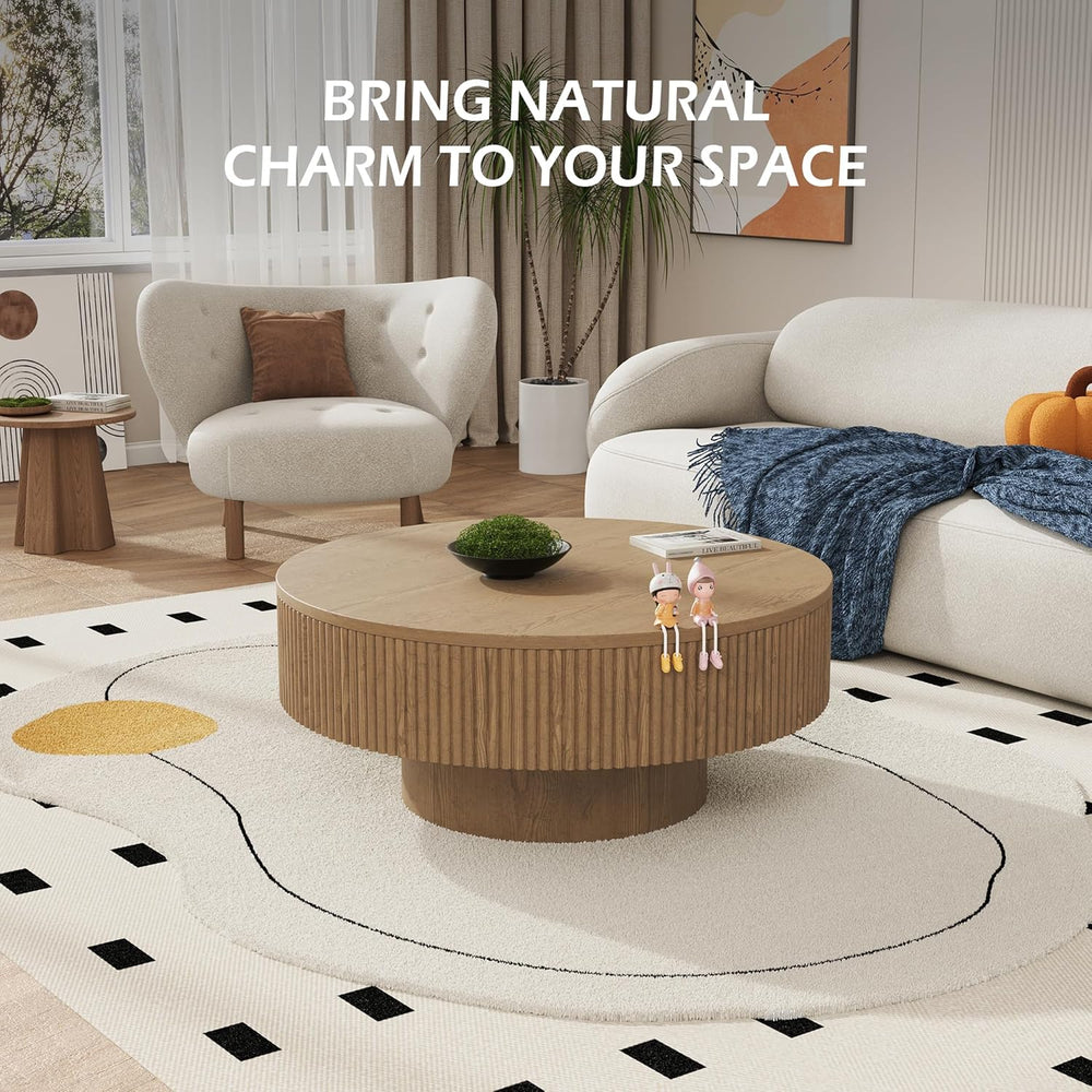 YOUDENOVA 31.5” Round Fluted Coffee Table, Modern Wood Circle Coffee Table, V...