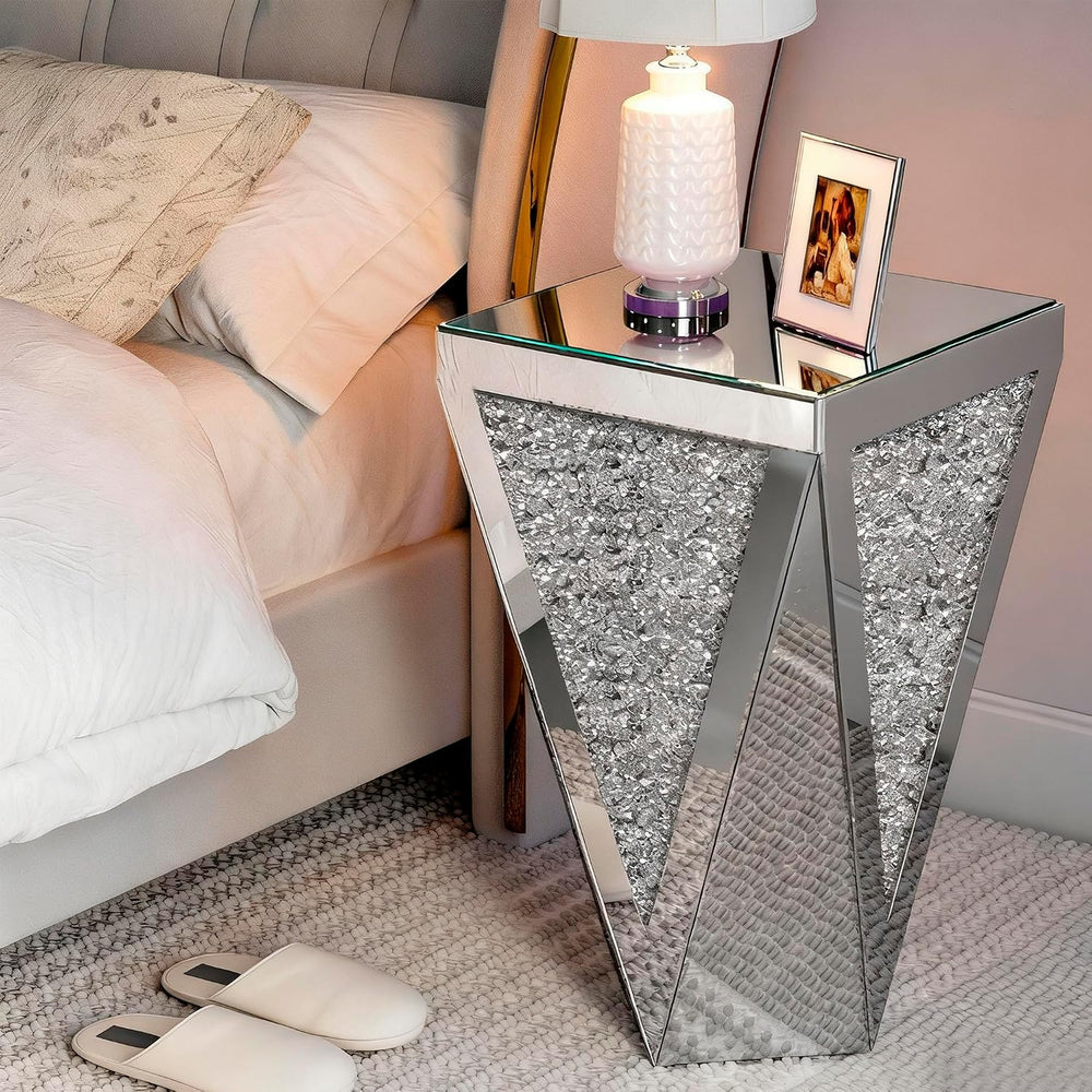 IKIFLY Mirrored Nightstand with Large Square Tabletop, Silver End Table with ...