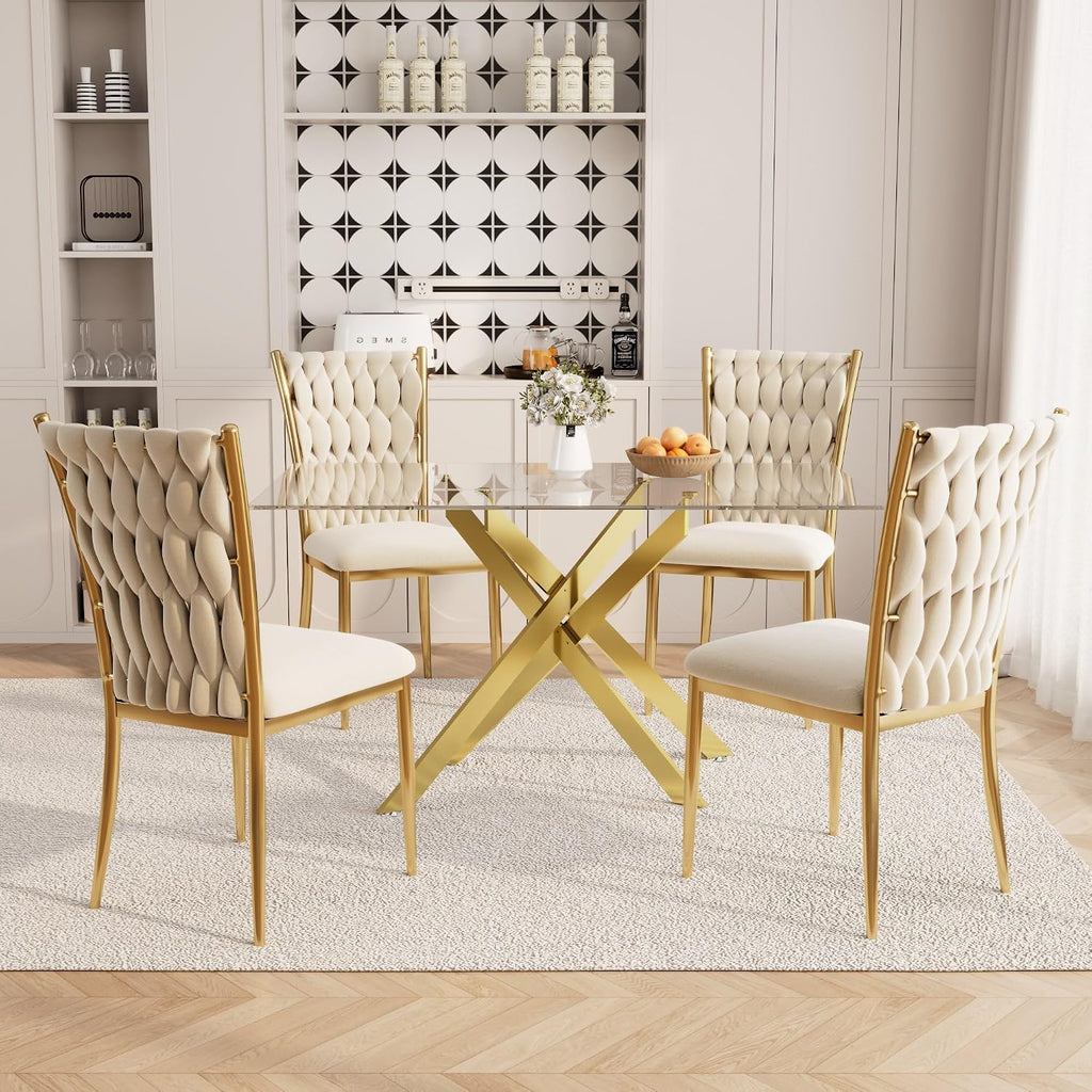 51'' Glass Dining Table Set for 4, Modern Rectangular Dining Room Table with Gold Metal Legs & 4 Upholstered Velvet Dining Chairs, Space-Saving Kitchen Table Set for Small Spaces, Apartment(Beige)