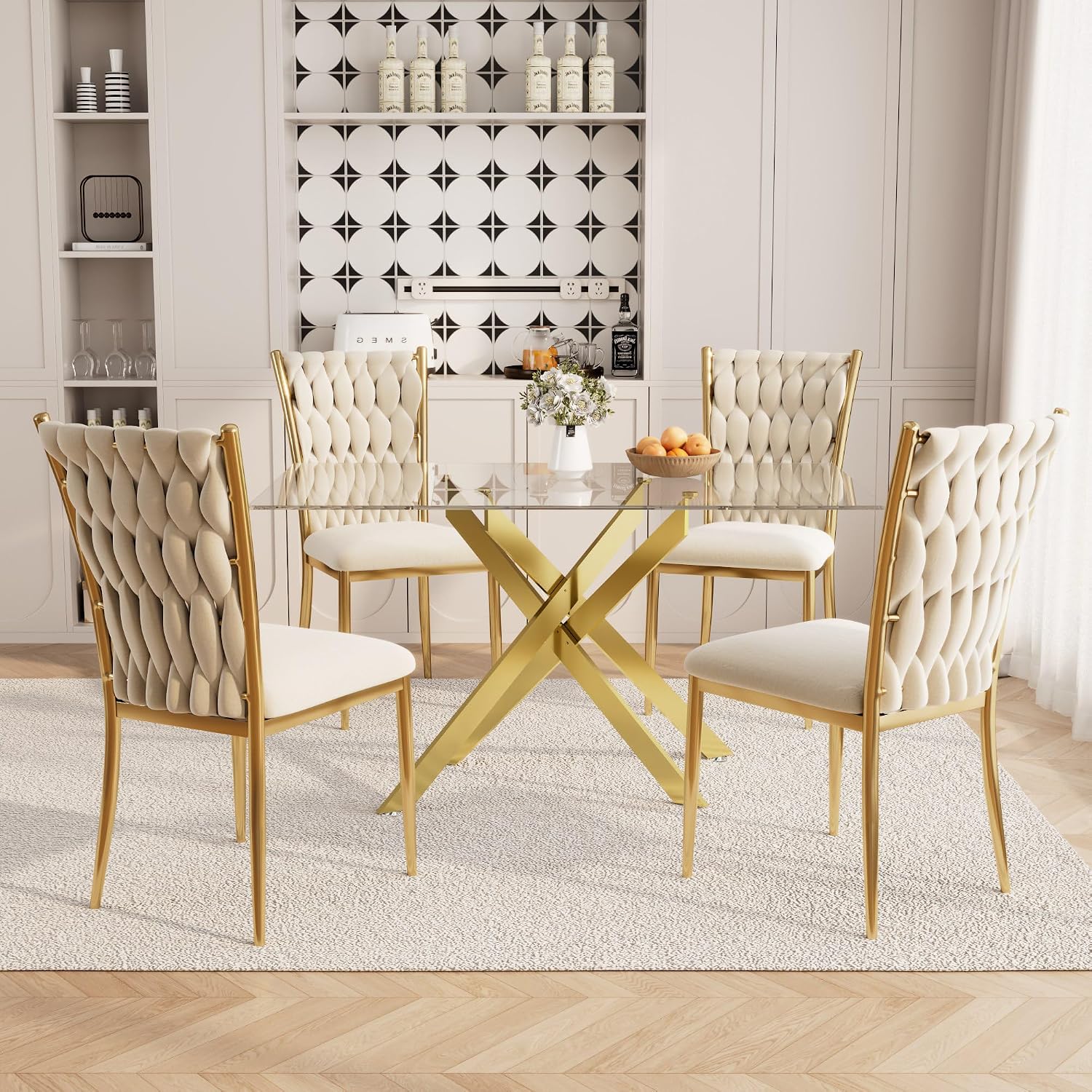 51'' Glass Dining Table Set for 4, Modern Rectangular Dining Room Table with Gold Metal Legs & 4 Upholstered Velvet Dining Chairs, Space-Saving Kitchen Table Set for Small Spaces, Apartment(Beige)