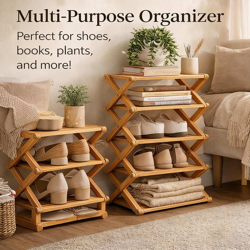 9 Tier Bamboo Shoe Rack, 2-9 Tier Foldable Bamboo Shoe Rack Options, The 9-Tier No-Assembly Vertical Design Bamboo Rack, for Shoes, Books, Vase, Save Space, Easy to Use (3-Tier)