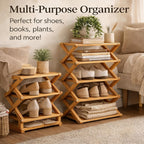 9 Tier Bamboo Shoe Rack, 2-9 Tier Foldable Bamboo Shoe Rack Options, The 9-Tier No-Assembly Vertical Design Bamboo Rack, for Shoes, Books, Vase, Save Space, Easy to Use (3-Tier)