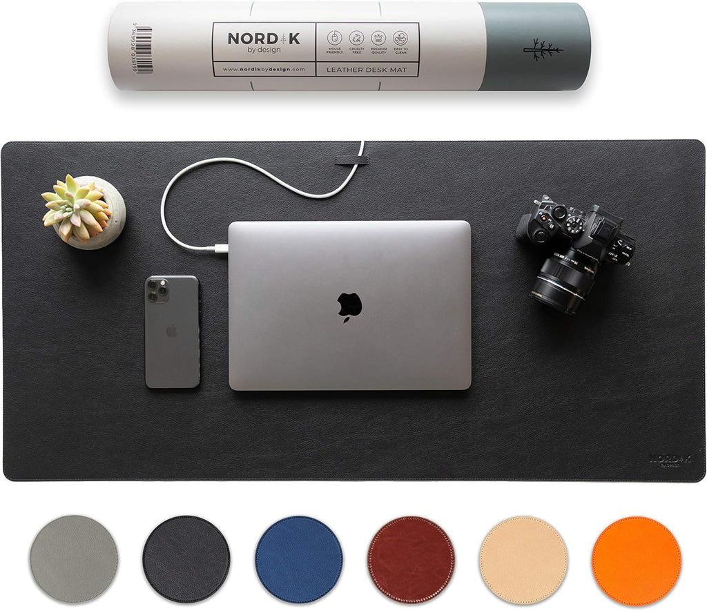 Nordik Leather Desk Mat Cable Organizer - Pebble Black 35 X 17 inch - Premium Mouse Mat - Felt Vegan Leather Desk Pad Protector - Desk Blotter Matt Keyboard - Large Desk Matt for Desktop Computer