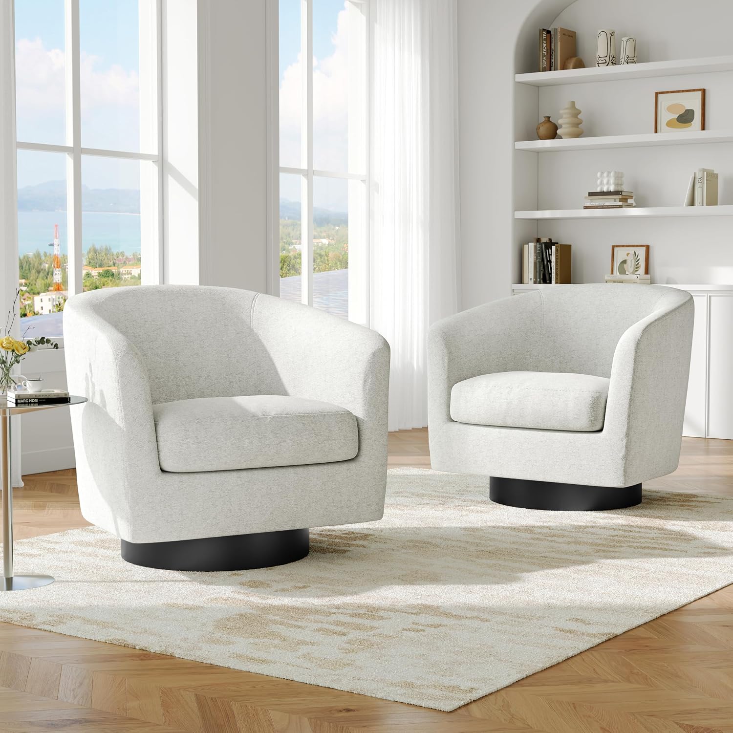 Swivel Barrel Accent Chair, Comfy Reading Armchair, Cream Beige, Set of 1 | Low-Back Design | 360° Swivel | Solid Wood Frame | High-Density Foam Seat | Modern Round Style | For Living Room & Bedroom