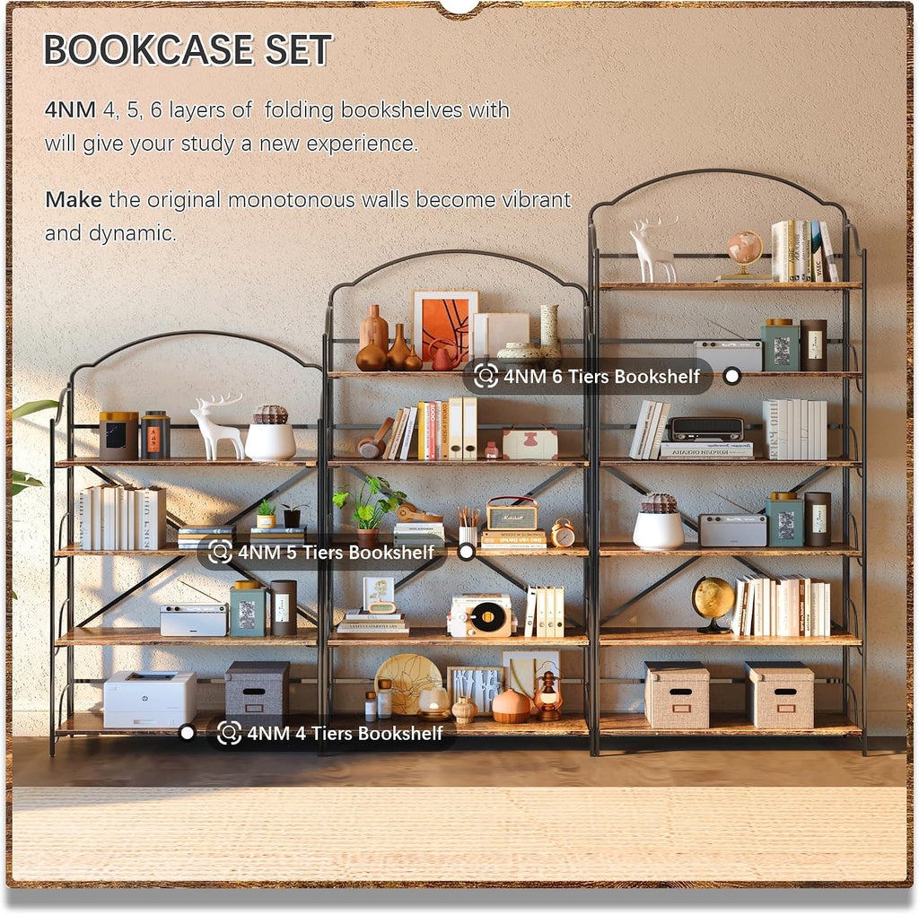4NM No Assembly Folding Bookshelf for Living Room, 4 Tiers Collapsible Book Shelves Open Industrial Foldable Bookcase Storage Shelf for Home Office - Rustic Brown Black