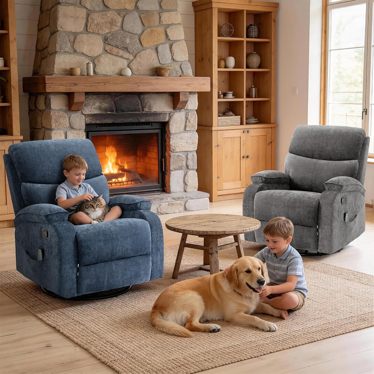 360° Swivel Rocking Recliner Chair, Massage Lazy Recliner, Small Spaces Recliner for Living Room, Bedroom and Nursery, Navy Blue Chenille