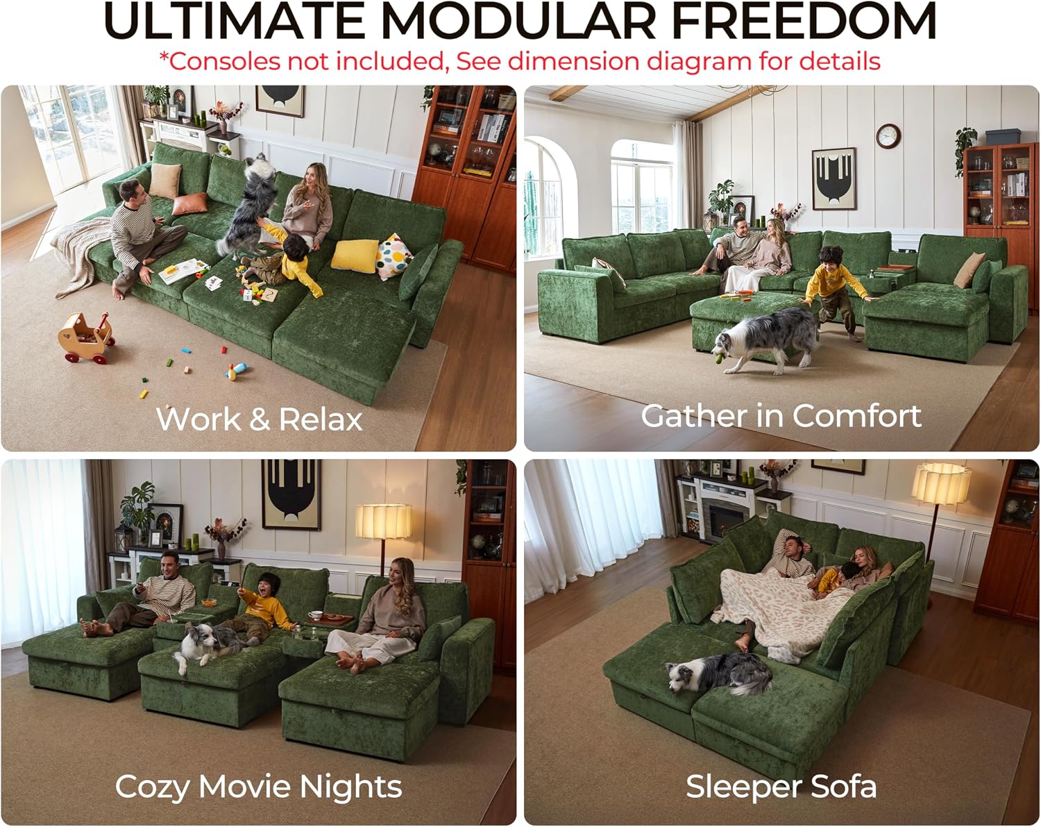 155.9'' Oversized Modular Sectional Sofa Plush Cloud Couch with Storage, Convertible Deep U-Shaped Couch with Chaises for Living Room, 6-Seater with Corner and 2 Ottomans, Chenille, Green