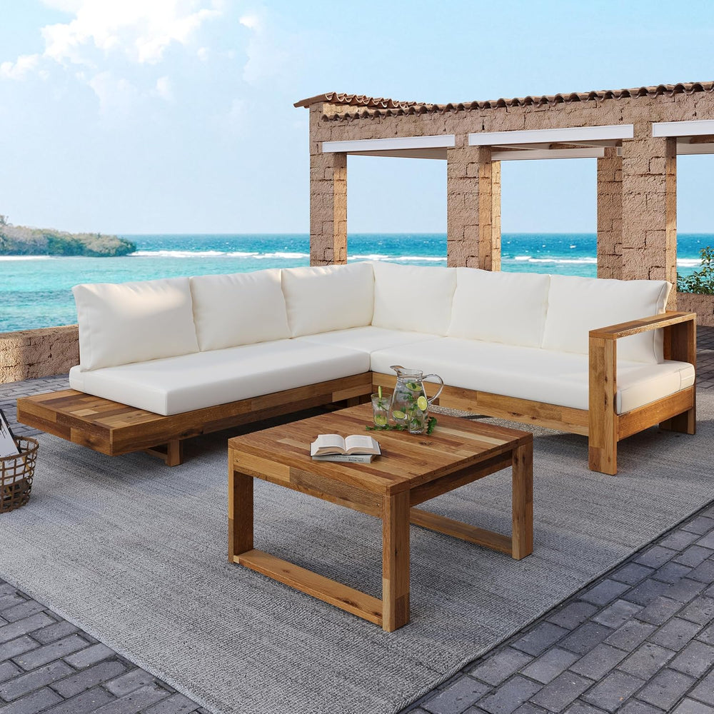 4pc Acacia Wood Outdoor Sectional Sofa Set with Cushions | Slatted Design - M...