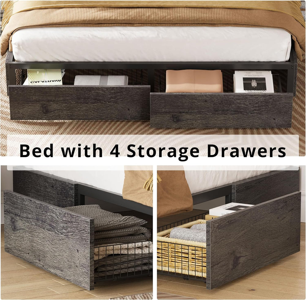 LIKIMIO King Bed Frame with 4 Storage Drawers, Charcoal Grey