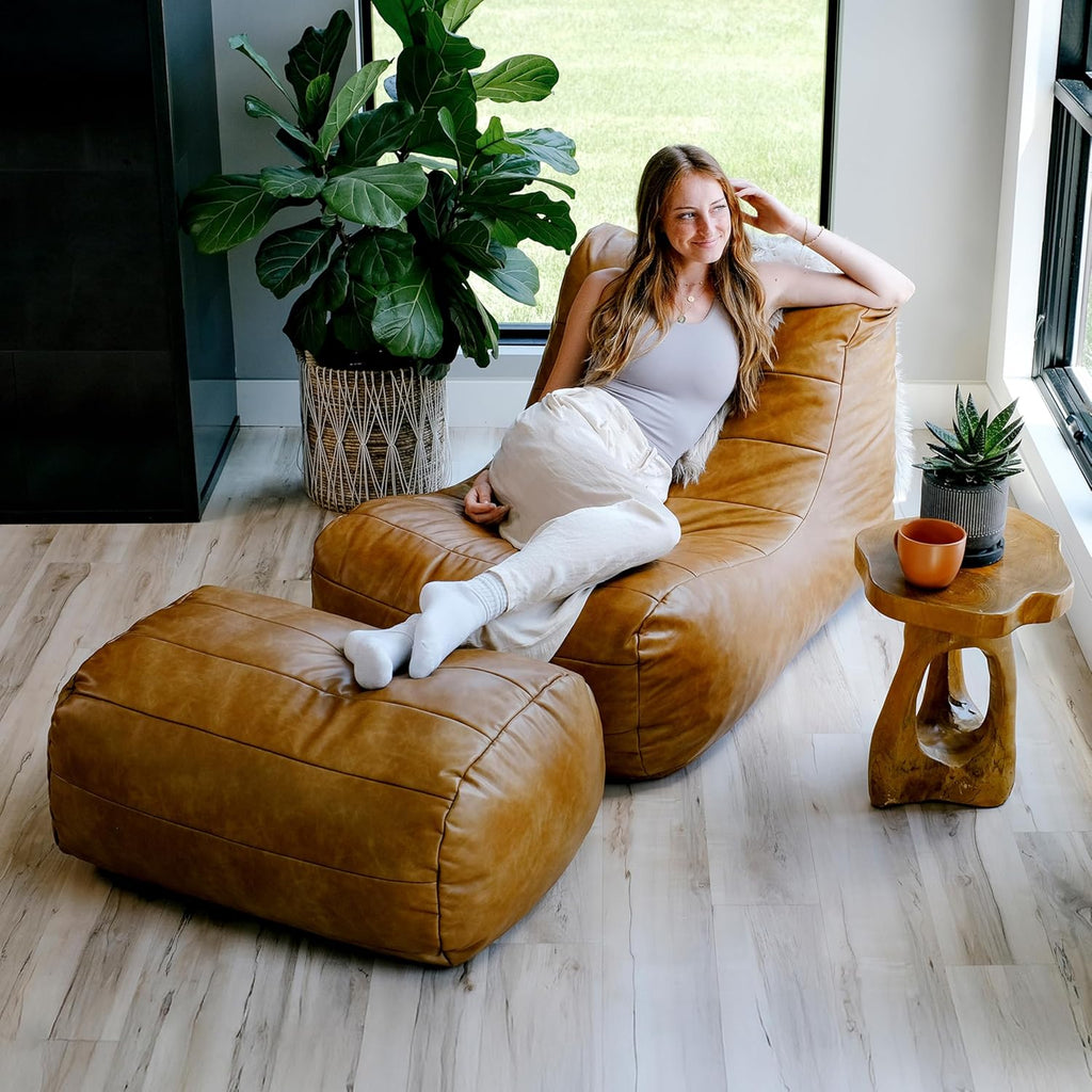 Big Joe Modora Bean Bag Lounger, Living Room and Gaming Seat, Copper Harbor Vegan Leather, Chair & Ottoman Set