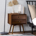 Walker Edison Mid Century Modern Wood Nightstand Side Table Bedroom Storage Drawer Bedside End Table, 2 Drawer, Walnut