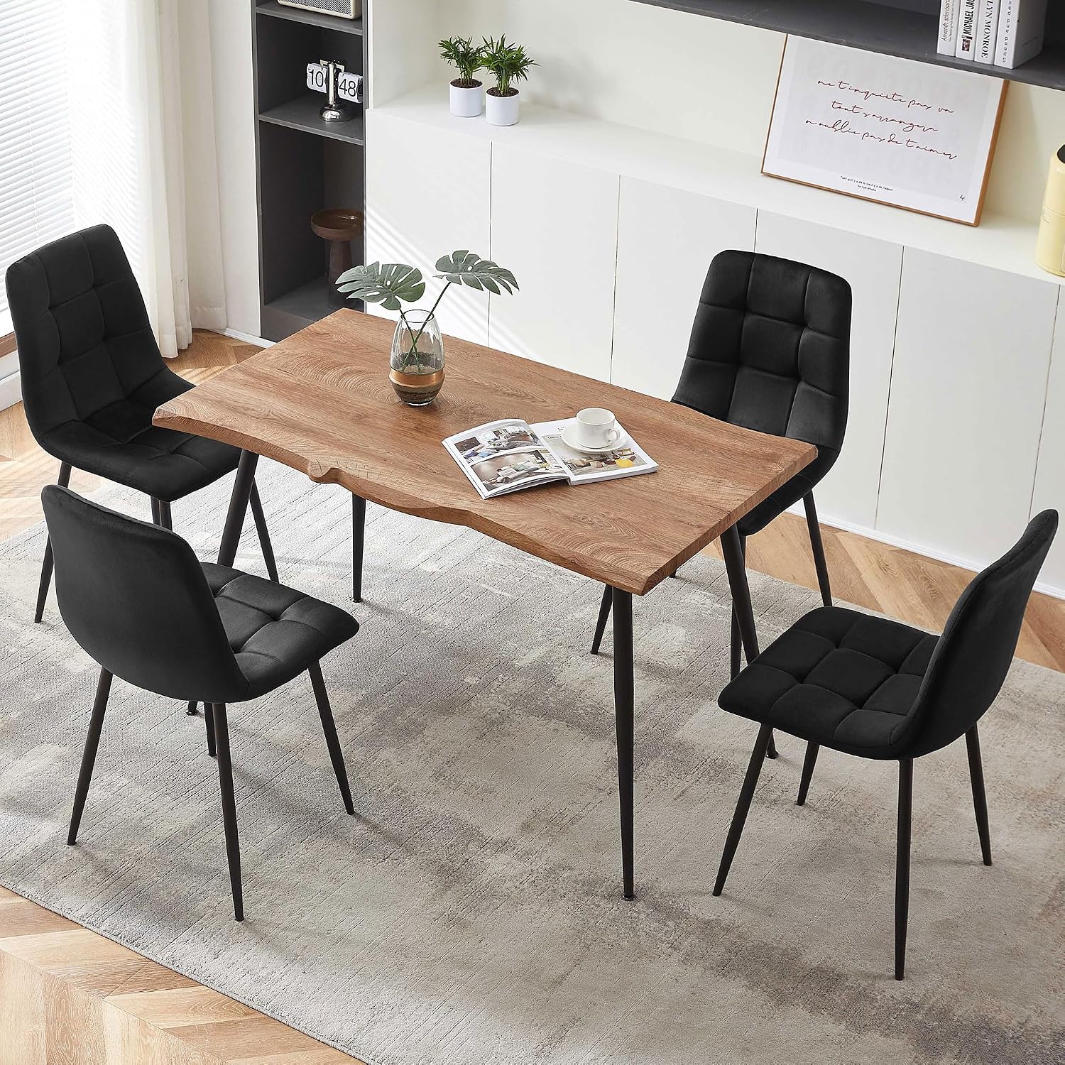 Rectangular Dining Table Set with Upholstered Chairs - Modern Kitchen Table and Chairs Set of 4 for Small Spaces - Black