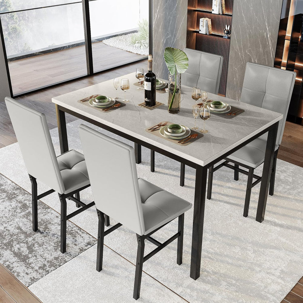 Hooseng Dining Table Set for 4, Faux Marble Small Kitchen Table with 4 PU Lea...