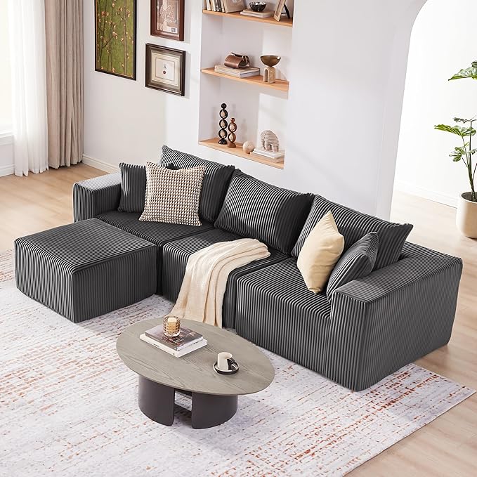 107.4" Cloud Couch Sectional, Modular Sofa with Deep Seat, Plush Corduroy L Shaped Boneless Couch, Convertible Sectional Couches for Living Room, 4Seat, Darkgrey