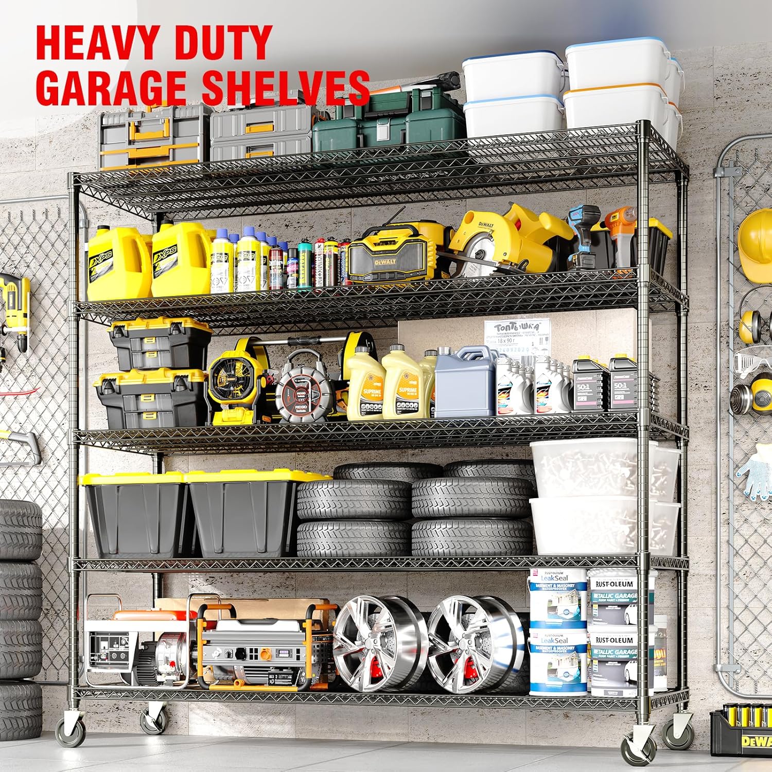 82" H Storage Shelves 3300LBS Heavy Duty Shelving Unit with Wheels & Feet, 5-Tiers Garage Shelving for Pantry Garage Kitchen Home Commercia, 82.6" H x 59" W x 23.9" D