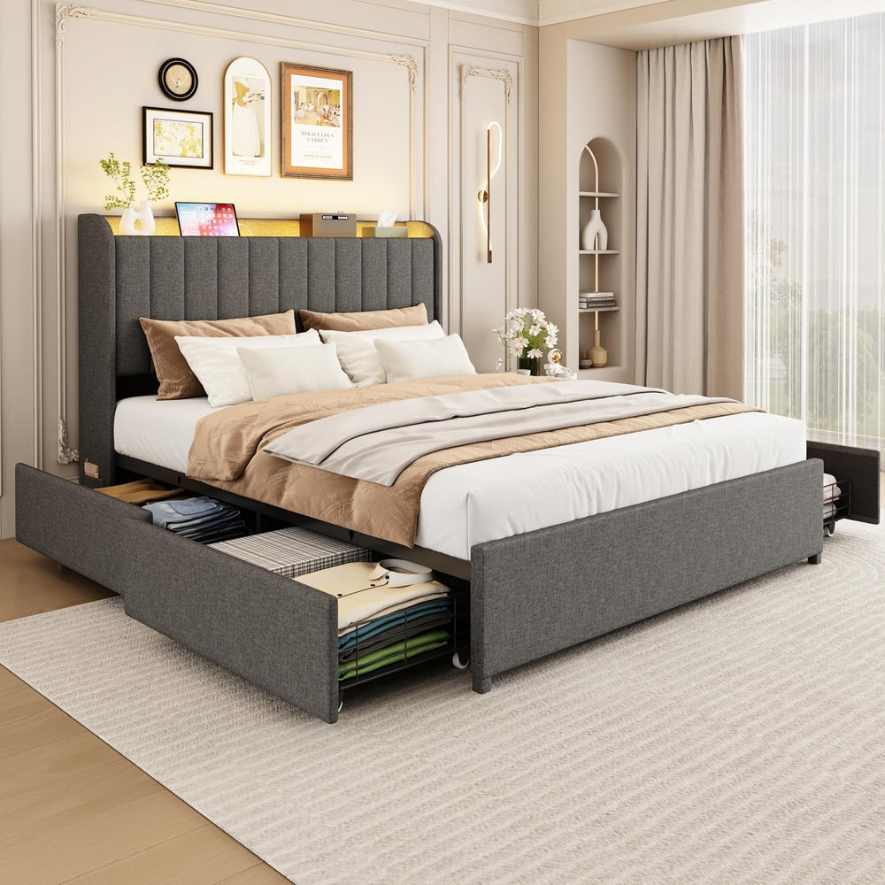 Queen Bed Frame with 4 Storage Drawers, LED Bed Frame with Charging Station, ...