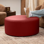Jaxx Candler Round Couch Ottoman – Oversized Giant Coffee Table Ottoman - Versatile Firm Foam Construction - Kid Safe with Removable Cover, 36”, Premium Faux Leather, Crimson