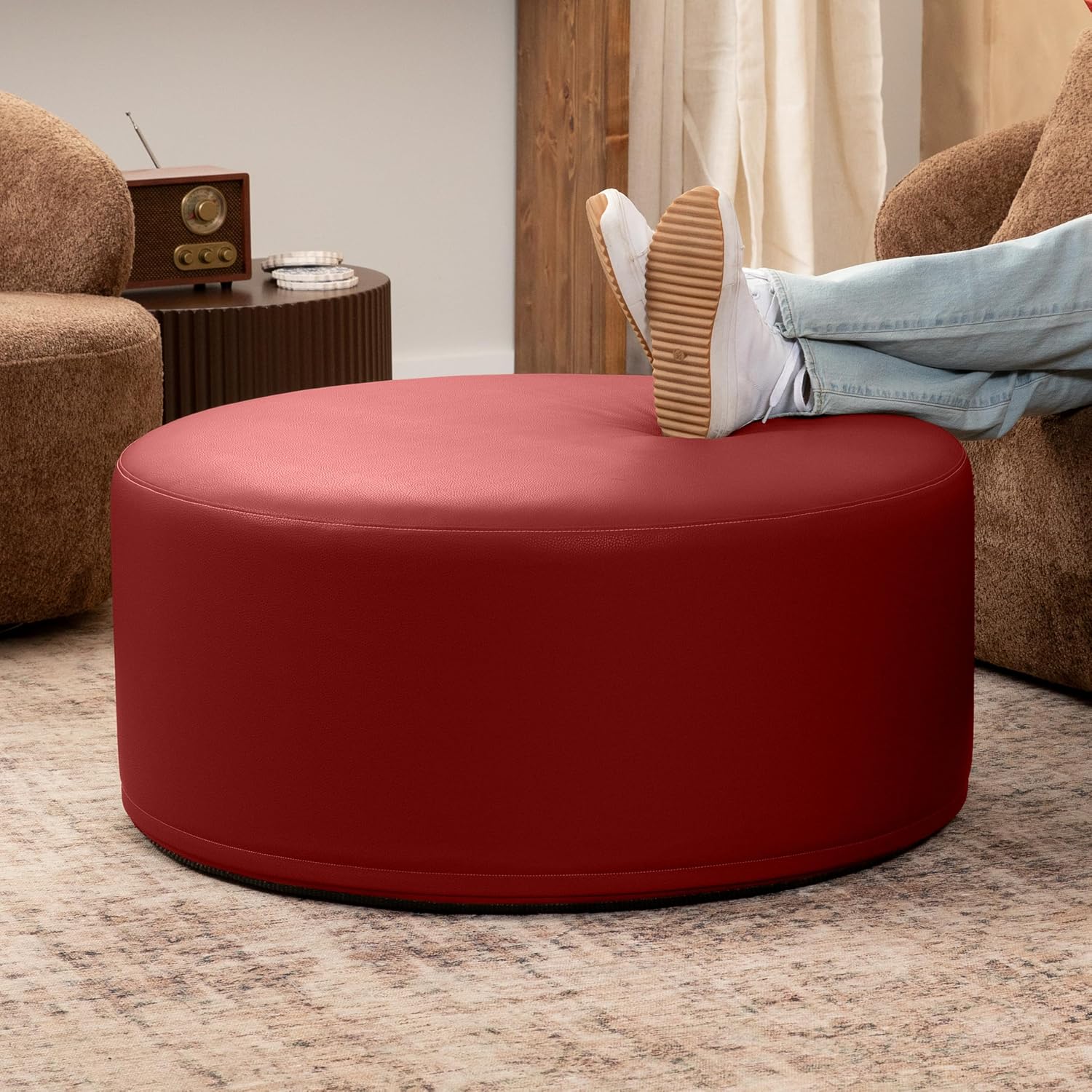 Jaxx Candler Round Couch Ottoman – Oversized Giant Coffee Table Ottoman - Versatile Firm Foam Construction - Kid Safe with Removable Cover, 36”, Premium Faux Leather, Crimson