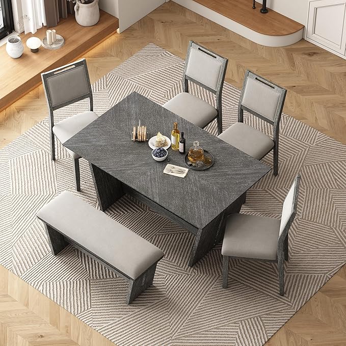 Merax 6-Piece Retro Dining Set, 1 Rectangular Table with Stable Trapezoidal Table Base and 4 Upholstered Chairs and 1 Bench for Dining Room and Kitchen, Antique Gray