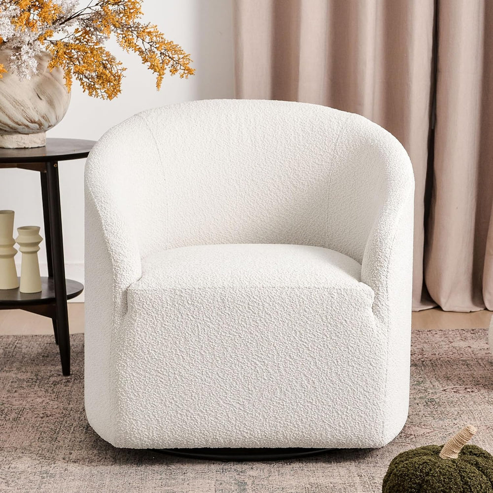 KINWELL 32" Wide No Assembly Boucle Swivel Barrel Chair, White