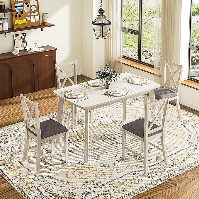 Solid Wood Dining Chairs Set of 4, Farmhouse Chairs with High Cross Back and Upholstered Seat, Easy Assembly for Dining Room, Kitchen, Washed Gray