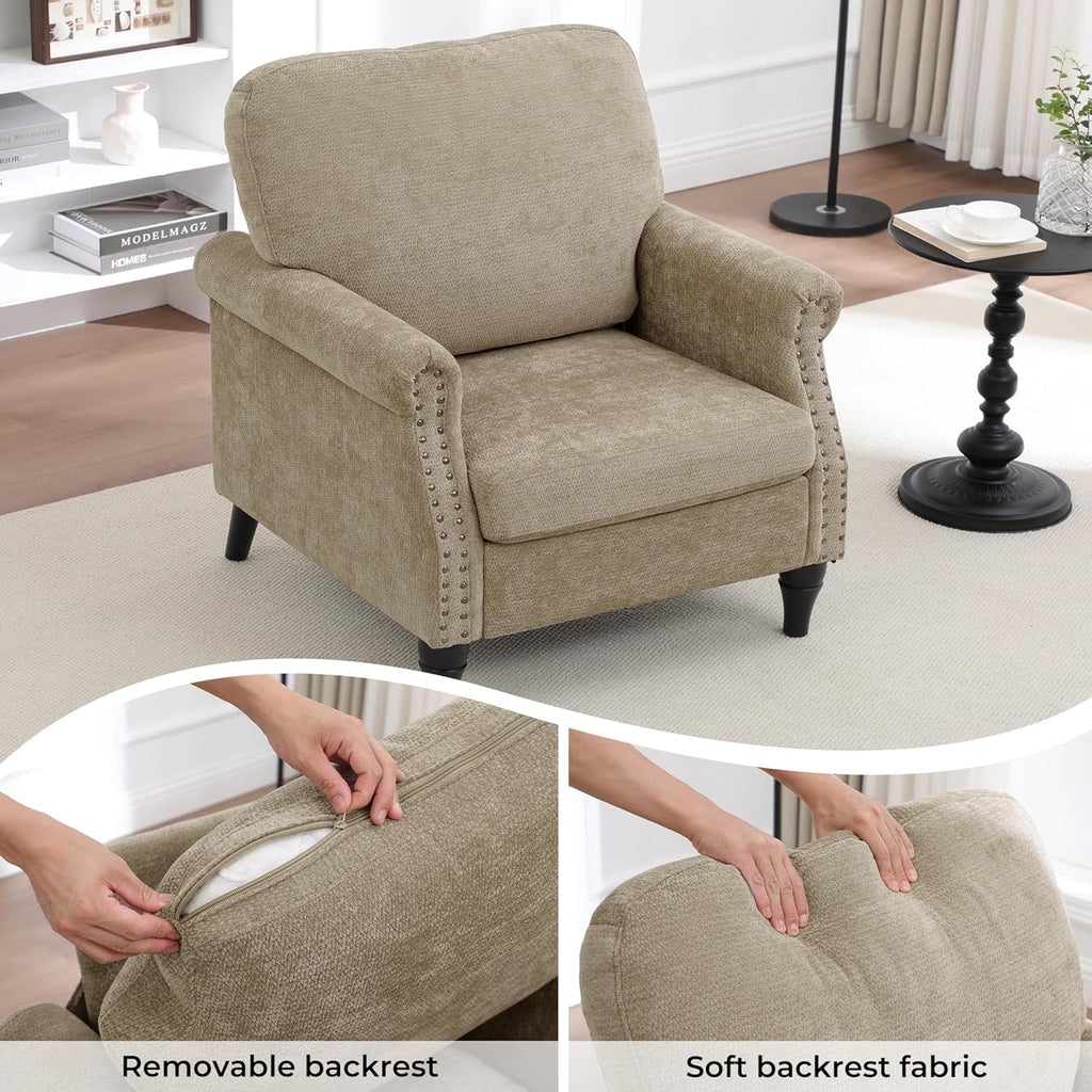 Accent Chair for Living Room, Modern Mid Century Reading Chair Armchair High Back Upholstered Armchair with Wooden Legs for Living Room Bedroom Office (Brown, 1PCS)