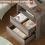 Dresser with 2 Drawers and Charging Station, Fluted Bedside Table with Round Curved Corner, Hidden Handles, 2 AC Outlets and 2 USB Ports, Modern Wood End Table with Open Shelf for Bedroom