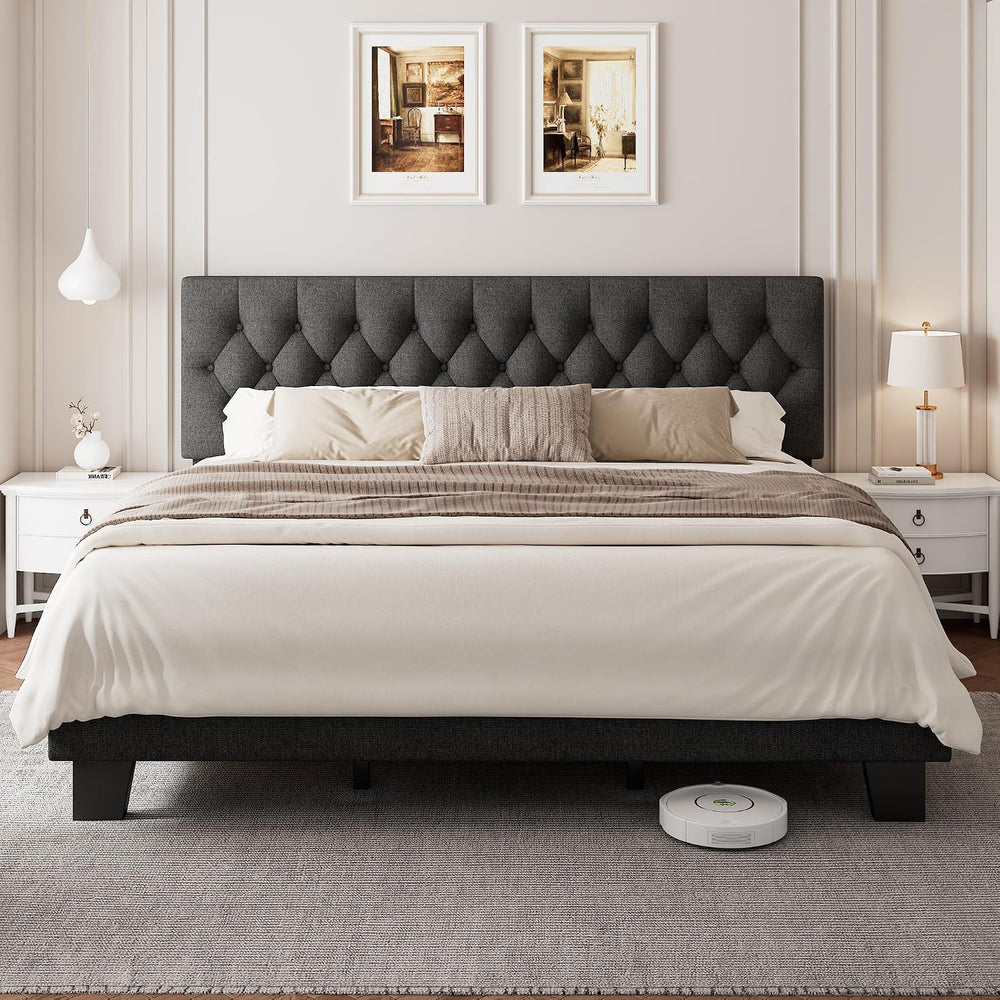 Einhomn King Size Upholstered Bed Frame with Headboard, Tufted Button Linen B...
