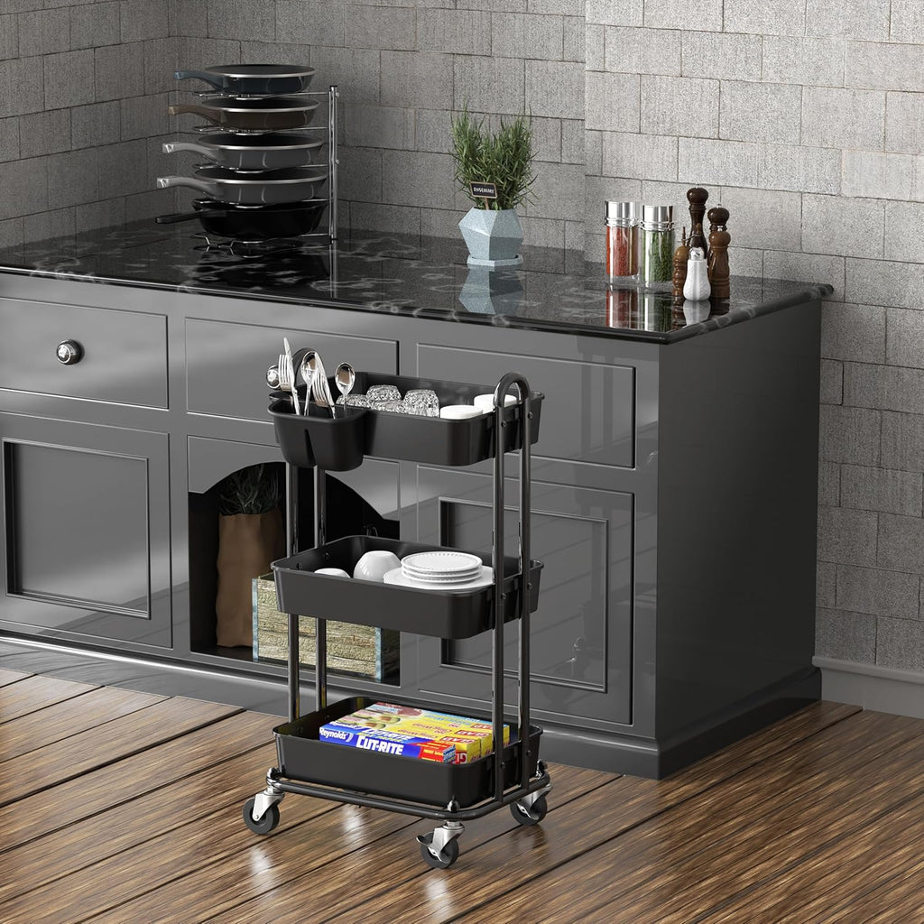 Simple Houseware 3-Tier Multifunctional Rolling Utility Cart with Hanging Bucket, Black