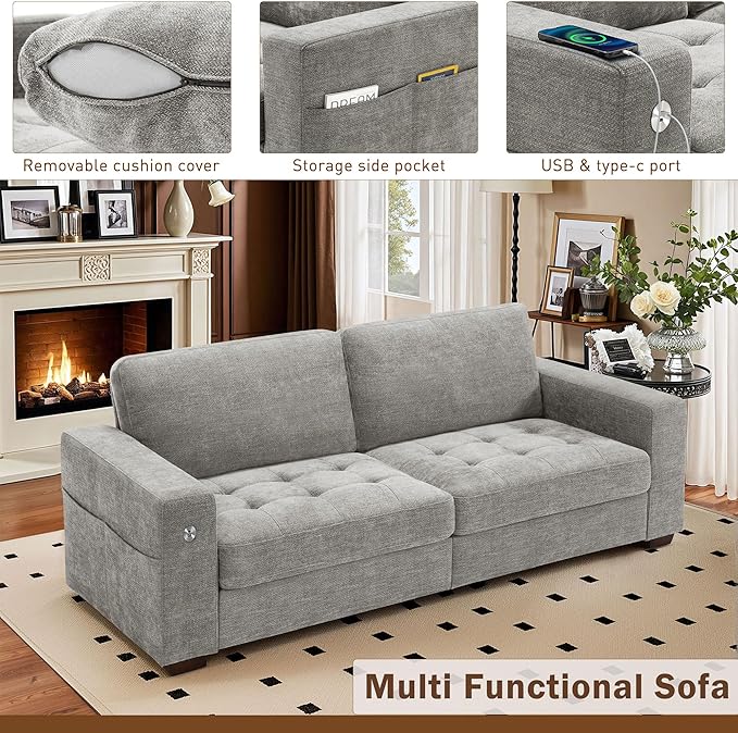 Hanherry Couch for Living Room, Modern Comfy Sofa with Medium Firm Seat Cushion, Removable Cover,Wide Armrest,USB/Type-C Port,Chenille Fabric Couches for Small Space,Apartment (Gray, 89 inch)