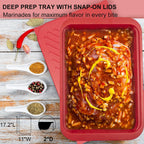 Deep Grill Carry System with Lids, Cutting Board, Tong, Gift Ready BBQ Carry Tray for Prepping, Marinating and Serving, Diswasher Safe, Nesting Platters Black in Red