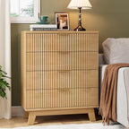 Fluted Nightstand, 31.5" Wide Side Table with 4 Large Storage Drawers, Mid Century Modern Wood Night Stand with Metal Handle, Wooden Bedside End Table for Bedroom, Living Room, Closet, Natural Oak