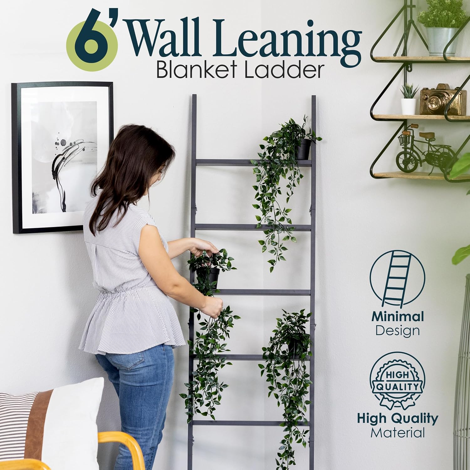 Blanket Ladder for the Living Room and Bedroom, Quilt Rack, 6-Tier, Black | 5ft 8 inch, Wall Leaning Blanket Holder, Laminate Snag Free, Rustic Decorative Farmhouse Ladder Shelf for Blankets