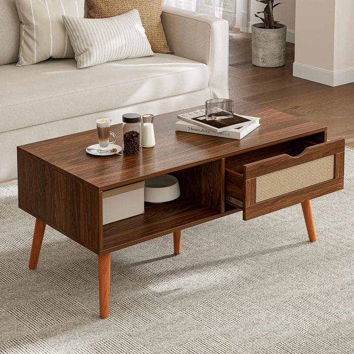 ZttRiee Rattan Coffee Table with Drawer, Mid-Century, Walnut