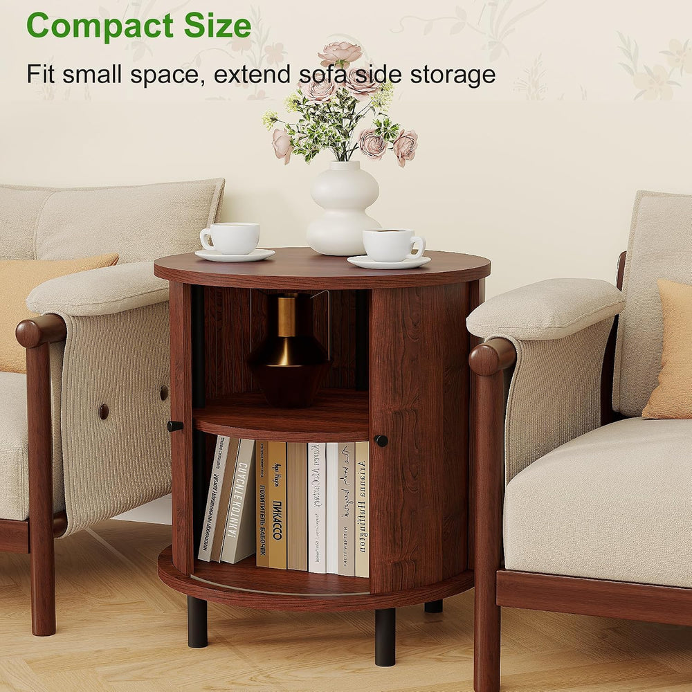 FROMJBEST Round End Table with Storage, Fluted Accent Side Table with Sliding...