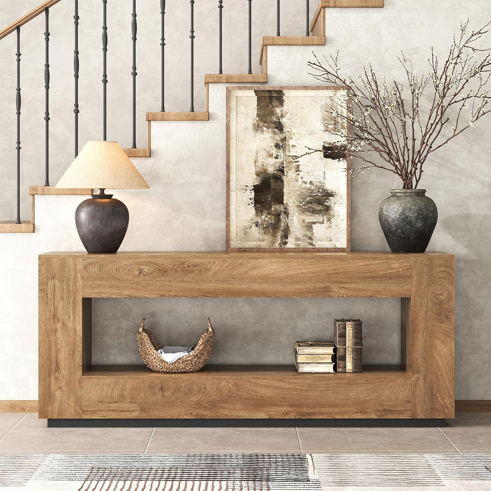Epecoya 78 Inch 2-Tier Extra Long Console Table, Oak Brown Wood Sofa Table | ...