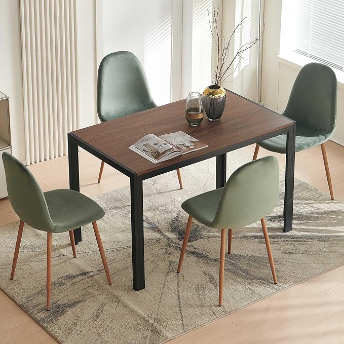 5 Pcs Kitchen Table Set for 4, 47" MDF Dining Table with Walnut Wood Grain, 4 Upholstered Chairs Green Velvet Dining Chair Armless with Metal Legs for Kitchen, Living Room