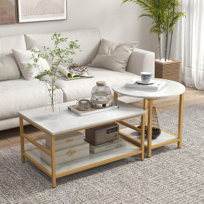 HOMCOM Coffee Tables Set of 2 2-Rier Sofa Side Table Faux Marble Top White