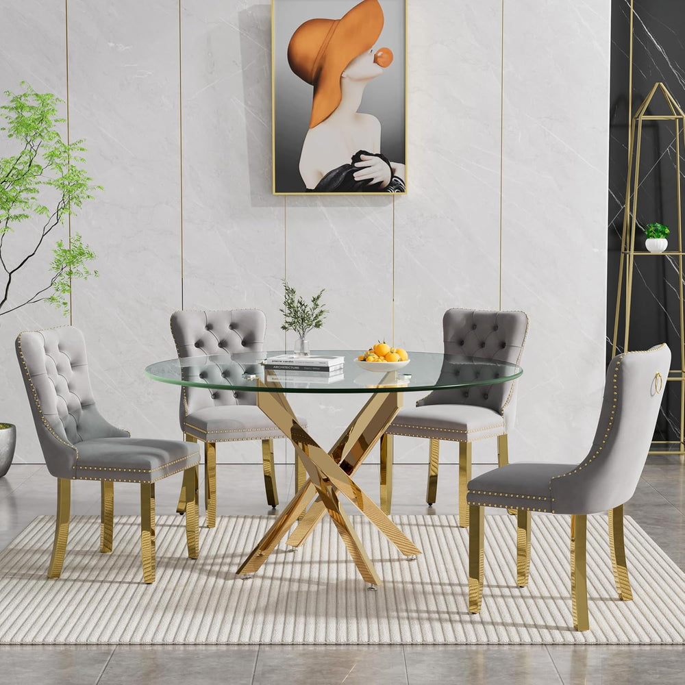 Round Glass Dining Table Set for 4, Small Kitchen Table Set for 4, 47" C...