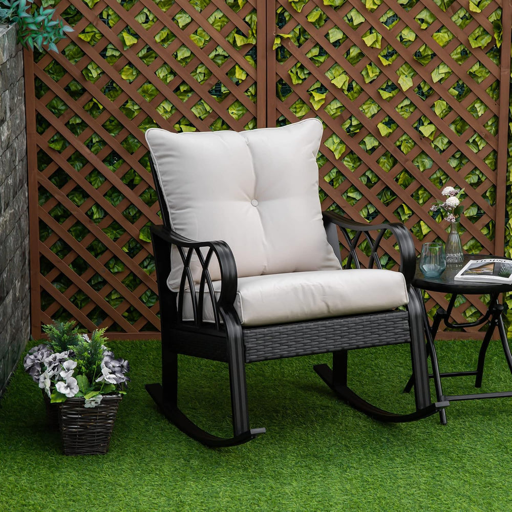 Outsunny Outdoor Wicker Rocking Chair with Padded Cushions, Aluminum Furnitur...