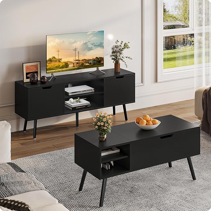ALINE FURNITURE Black TV Stand for 50 55 60+ inch TVs - Media Console with 2 Cabinets & Open Shelves, Solid Wood Legs - TV Consoles for Living Room - 22" H Entertainment Center for Bedroom