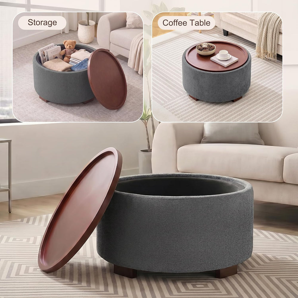 29.1 Inch Round Ottoman Coffee Table, Ottoman with Storage, Boucle Grey | Sto...